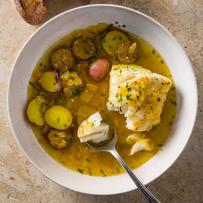 Hake in Saffron Broth with Chorizo and Potatoes