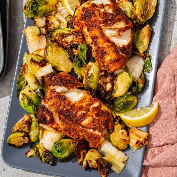 Air Fryer Harissa Rubbed Haddock with Brussels Sprouts and Leek