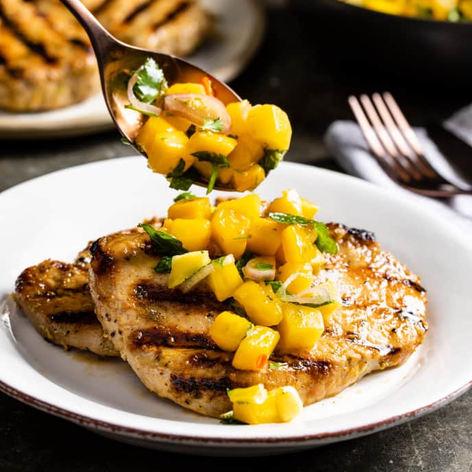 GrillPan Pork Chops with Mango and Herb Salad America's Test Kitchen