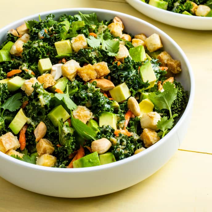 Kale Salad With Crispy Tofu And Miso Ginger Dressing Americas Test Kitchen Recipe