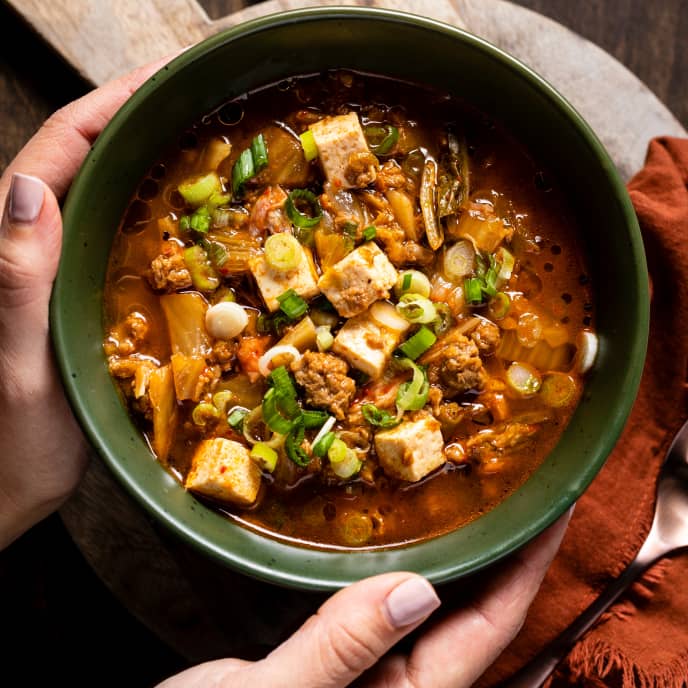 Kimchi, Plant-Based Meat, and Tofu Soup