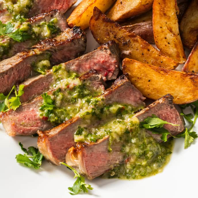 New York Strip Steaks with Crispy Potatoes and Parsley Sauce America's Test Kitchen Recipe