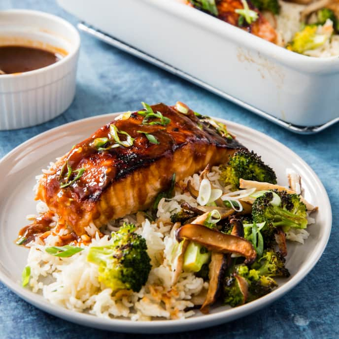 One-Pan Salmon with Rice, Broccoli, and Shiitake Mushrooms