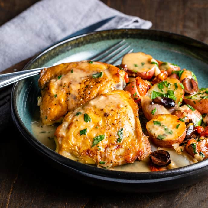 OnePan Braised Chicken Thighs with Potatoes, Shallots, and Olives