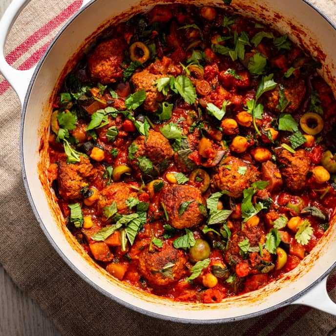 One-Pot Lamb Meatballs with Eggplant and Chickpeas