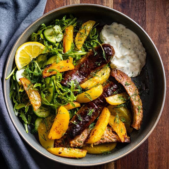 One-Pan Loukaniko and Lemony Potatoes with Feta-Dill Sauce