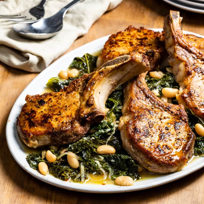 One-Pan Pork Chops with Garlicky Beans and Greens