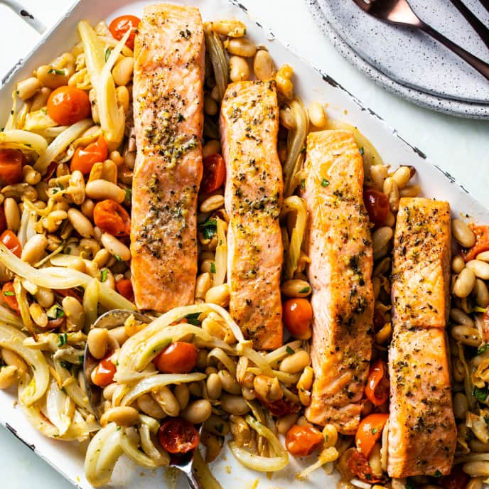 One-Pan Roasted Salmon with White Beans, Fennel, and Tomatoes