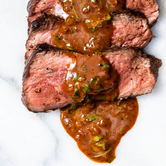 Pan-Seared Sirloin Steaks with Ancho Chile-Lime Pan Sauce