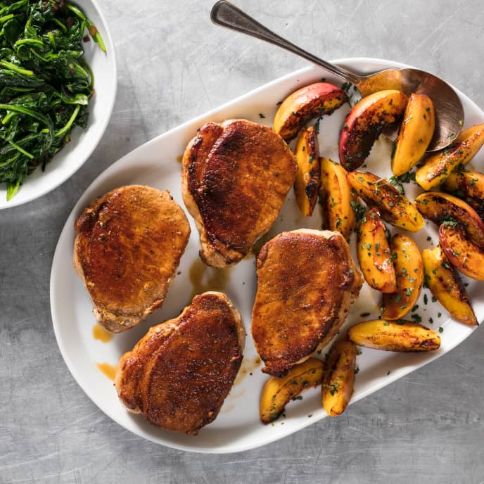 Pan-Seared Thick-Cut Boneless Pork Chops with Apples and Spinach