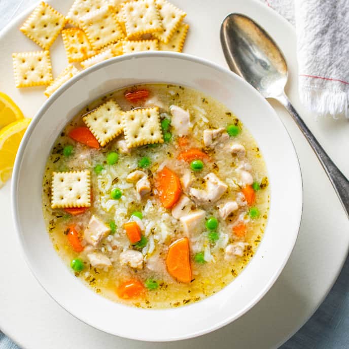 Pantry Garlicky Chicken and Rice Soup for One America's Test Kitchen