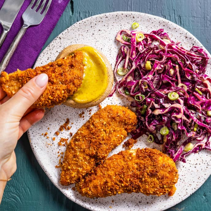 PecanCrusted Chicken Tenders with Honey Mustard Slaw America's Test