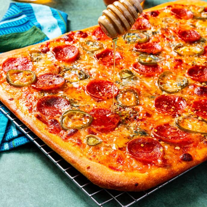 Pepperoni Pizza with Blue Cheese, Pickled Peppers, and Honey America