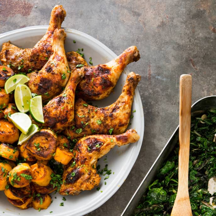 One-Pan Peruvian Roast Chicken with Swiss Chard and Sweet Potatoes