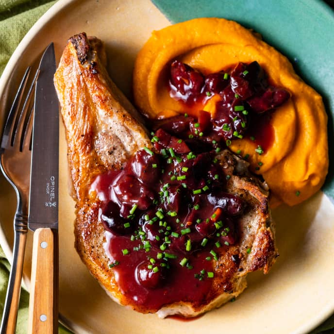 Pork Chops with Bourbon-Cherry Sauce and Sweet Potatoes