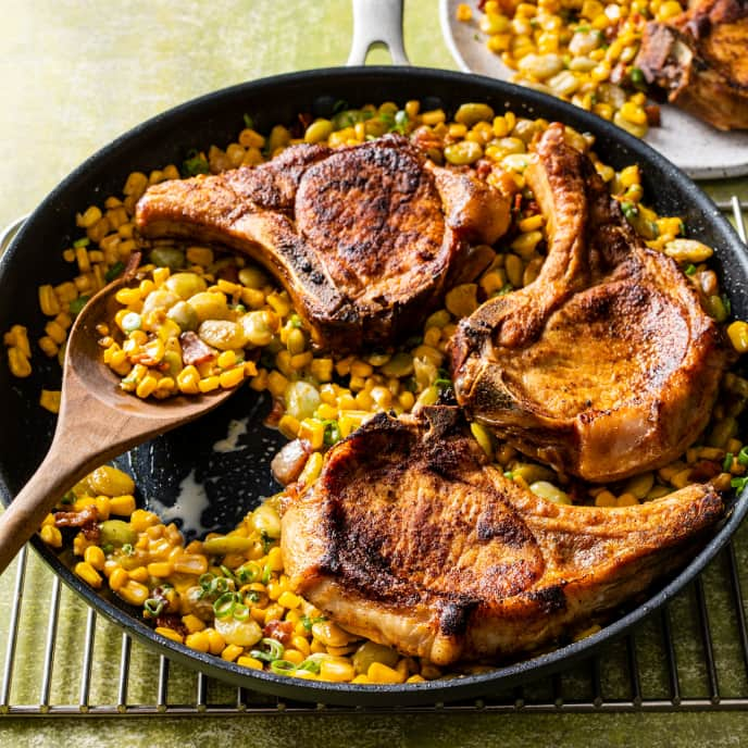 Pork Chops with Creamy Corn and Lima Beans