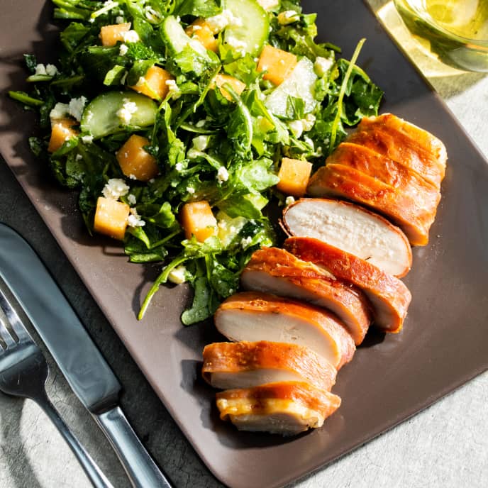 Prosciutto-Wrapped Chicken Breasts with Cantaloupe-Cucumber Salad