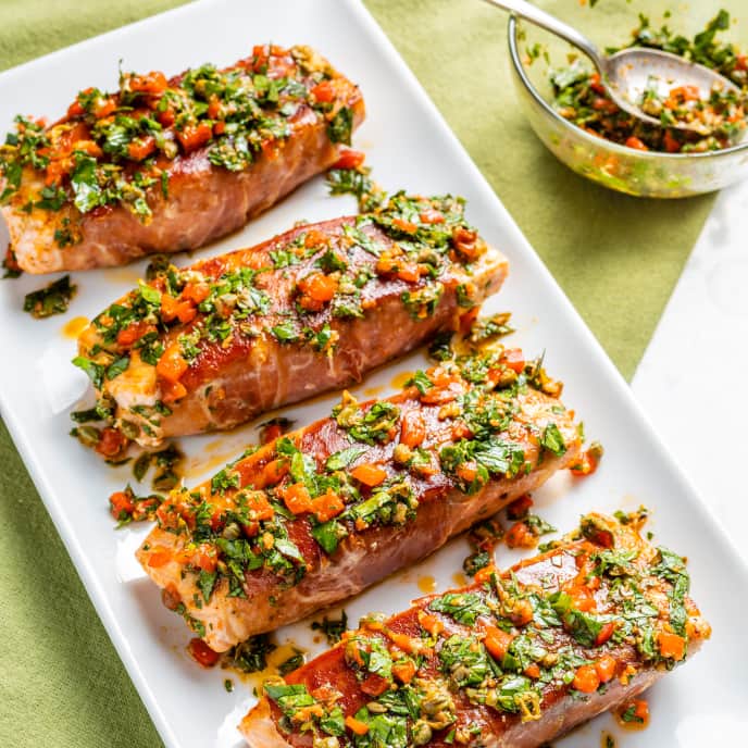 ProsciuttoWrapped Salmon with Roasted Red PepperParsley Sauce