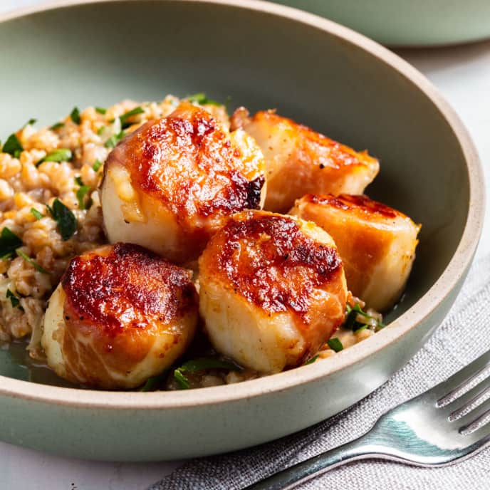 ProsciuttoWrapped Scallops with Herby Farrotto America's Test