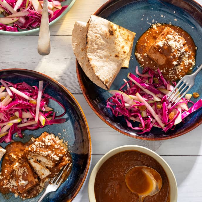 Instant Pot Braised Tofu with Pumpkin-Mole and Apple-Cabbage Slaw