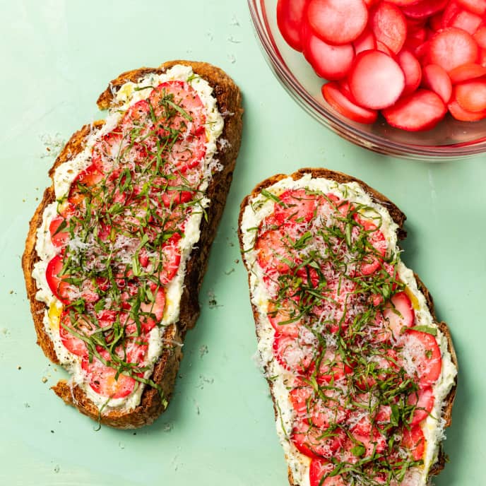 Lemon-Pickled Radish Toast with Basil and Parmesan