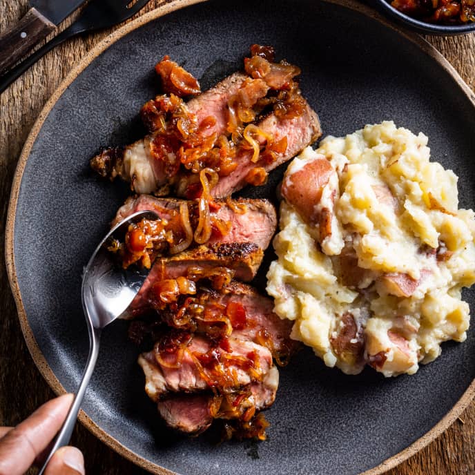 Rib Eye Steaks With Bacon Bourbon Compote And Mashed Potatoes Americas Test Kitchen Recipe 