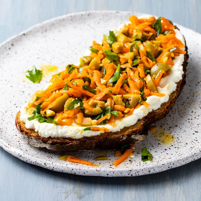 Ricotta Bruschetta with Carrot and Olive Salad