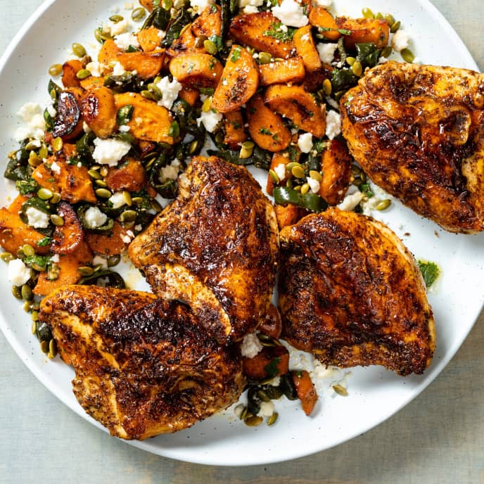 OnePan Roasted Chicken Breasts with Sweet PotatoPoblano Salad