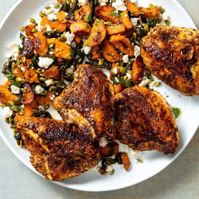 One-Pan Roasted Chicken Breasts with Sweet Potato-Poblano Salad