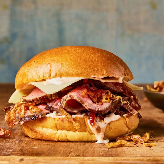 Roast Beef Sandwiches with Thousand Island Dressing and Crispy Shallots