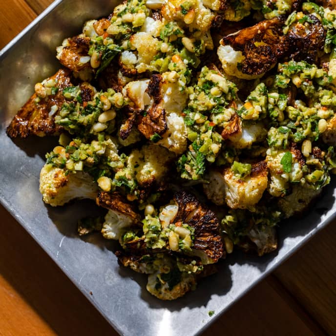 Roasted Cauliflower with Mint and Olive Sauce