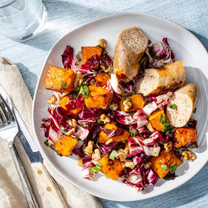 AirFryer Roasted Chicken Sausages with Butternut Squash and Radicchio