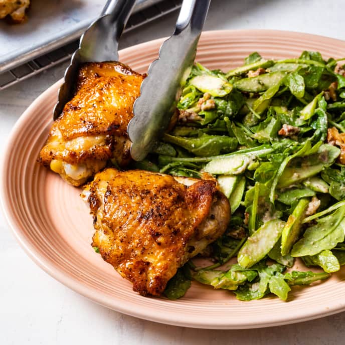 Roasted Chicken Thighs with Asparagus, Arugula, and Walnut Salad