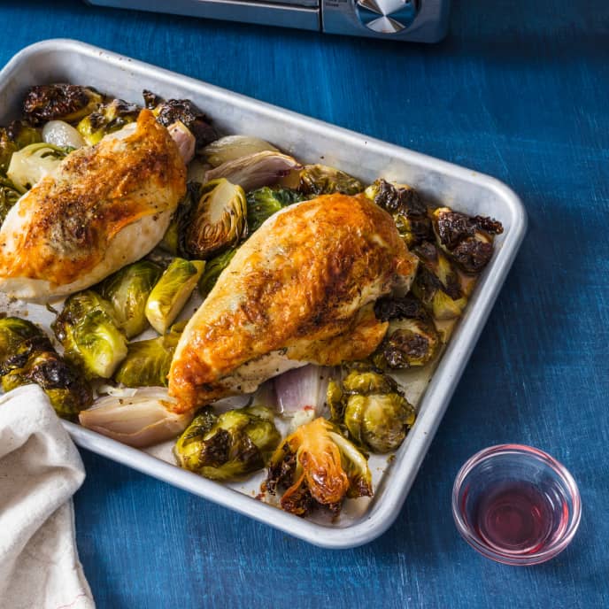 ToasterOven Roasted Chicken Breasts with Brussels Sprouts and Shallots