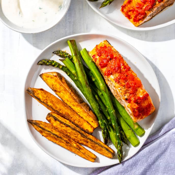 Salmon with Sweet Potatoes, Asparagus, and Yogurt Sauce for Two