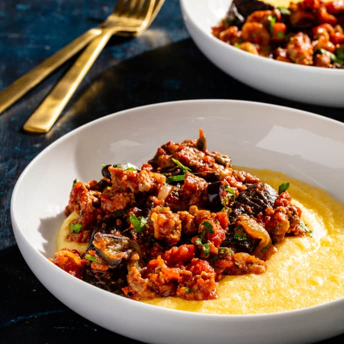 Sautéed Eggplant with Polenta and PlantBased Meat America's Test Kitchen Recipe