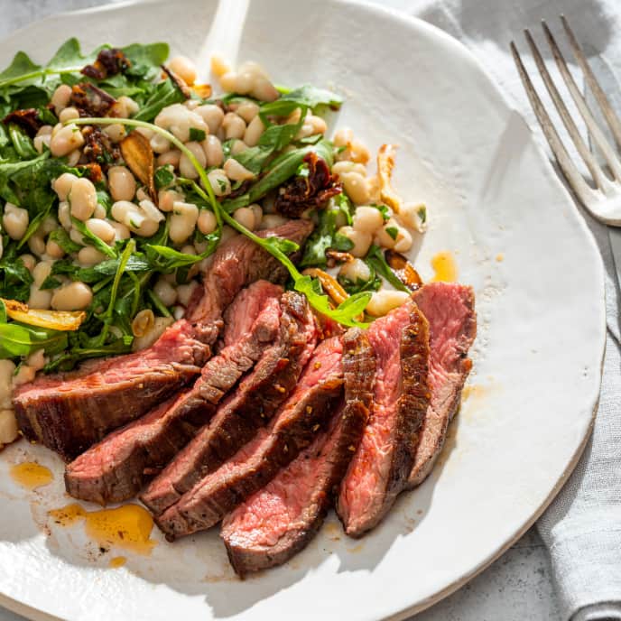 Instant Pot Seared Flank Steak with White Bean and Sun-Dried Tomato Salad