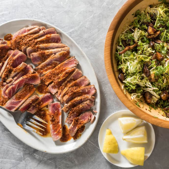 Seared Tuna Steaks with Wilted Frisée and Mushroom Salad America's