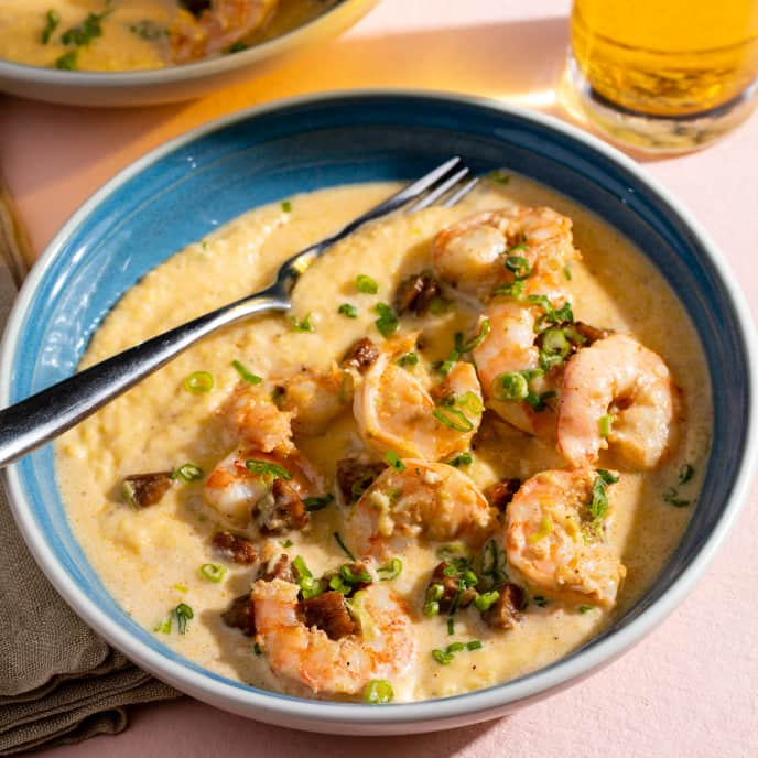 Creamy shrimp grits with andouille sausage gravy.