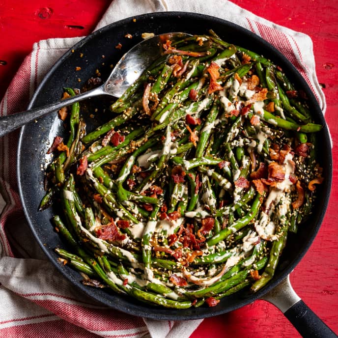 Skillet-Roasted Green Beans with Bacon, Black Bean Garlic Sauce, and Tahini