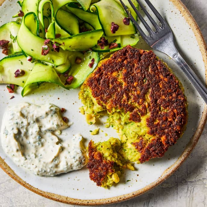 Crispy Chickpea Cakes with Zucchini Ribbon Salad and Yogurt-Tahini Sauce