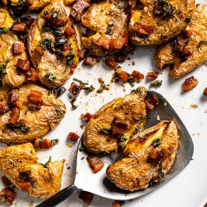 Smashed Roasted Fingerling Potatoes with Pancetta and Sage