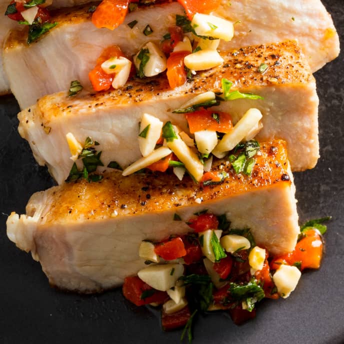 Sous Vide Boneless Thick-Cut Pork Chops with Red Pepper and Almond Relish for Two