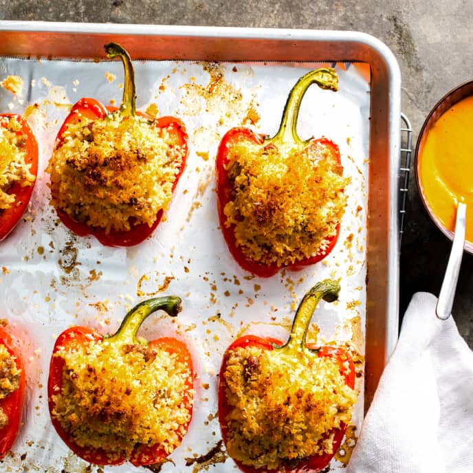 Sausage-Stuffed Peppers with Spicy Red Pepper Sauce