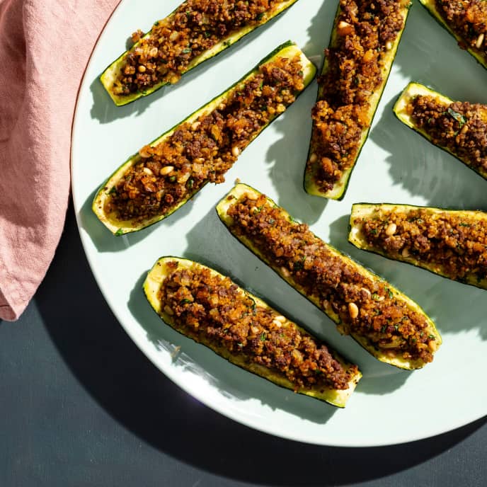 Stuffed Zucchini with Spiced PlantBased Meat and Dried Apricots