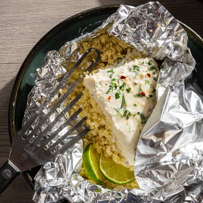 Halibut and Creamy Coconut Couscous Packets America's Test Kitchen Recipe