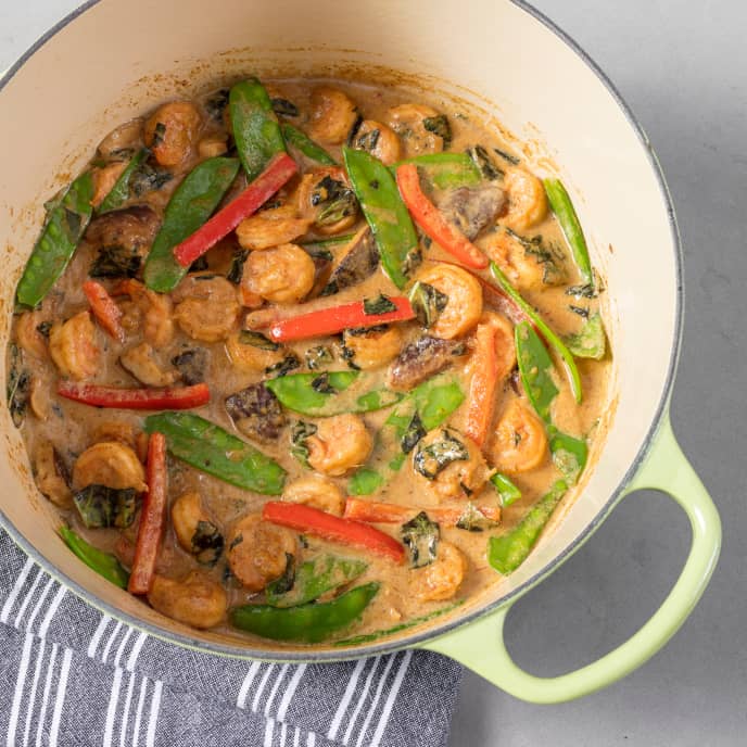 Thai Green Curry with Shrimp, Snow Peas, and Shiitakes