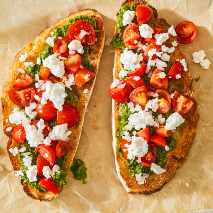 Tomato Bruschetta with Arugula Pesto and Goat Cheese America's Test