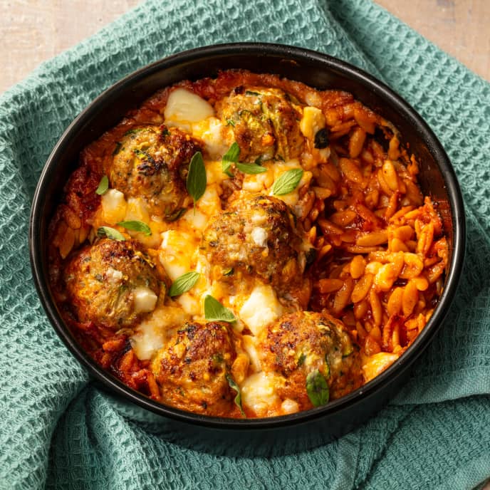 AirFryer TurkeyZucchini Meatballs with Orzo, Spiced Tomato Sauce, and