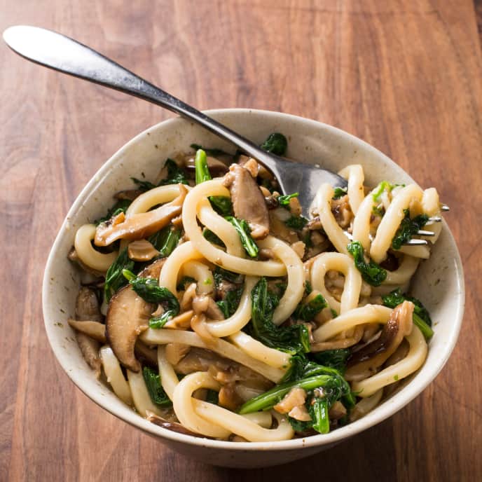 Vegan Udon Noodles with Mustard Greens and ShiitakeGinger Sauce